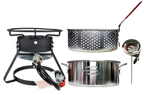 Summerville Outdoor Propane Cooker Fish Fryer with Round Steamer Kit 10-Quart 50,000 BTU Aluminum Fry Pan Portable Gas Burner