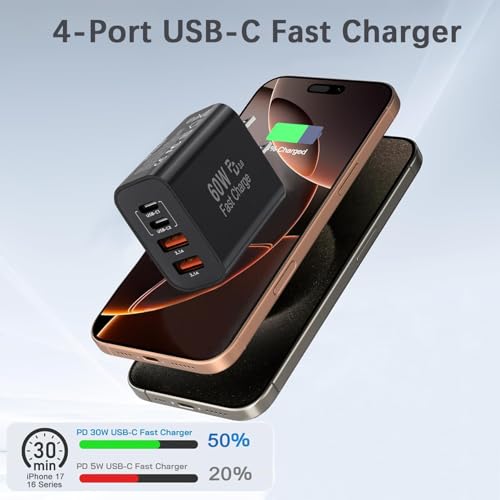Image of 60W USB C Charger Block,2Pack 4-Port GaN USB C Charger Fast Charging Wall Plug Dual Type C+Dual USB-A Port,Multiport Power Adapter Cube for iPhone 17 Pro Max /16e /15 /14 /13 /12 /11,iPad Pro /Air /Mini-Black