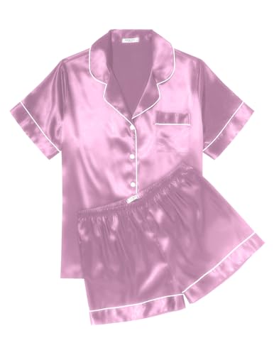 Image of Ekouaer Womens Silk Satin Pajama Sets Soft Short Sleeve Button Down Sleepwear Top and Shorts 2 Piece Pjs Lounge Set,Purple Red,S