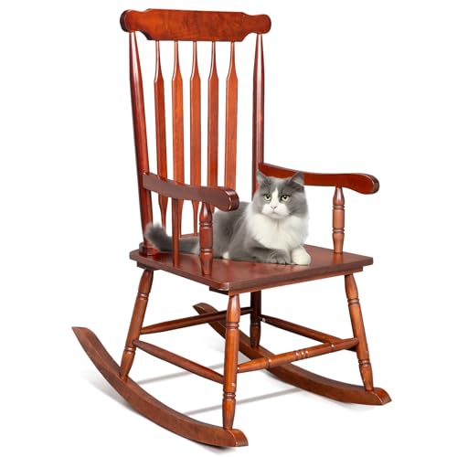 Outvita Outdoor Rocking Chair, Solid Wooden Frame High Back Rocker, All Weather Lounge Chair for Indoor, Garden, Patio, Balcony, Backyard Porch Rocker (1, Natural)