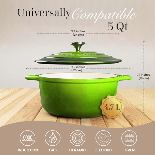 Image of Cast Iron Pot with Lid-Non-Stick Ovenproof Enamelled Casserole Pot, Oven Safe up to 500 F-Sturdy Dutch Oven Cookware - Green, 5-Quart, 24cm-by Nuovva