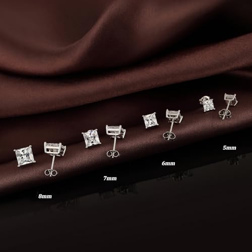 Sparkling Square Stud Earrings 925 Sterling Silver Cubic Zirconia Stud Earrings Hypoallergenic Earrings for Women/Men 4MM-8MM4