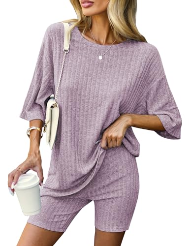 Ekouaer Pajamas 2 Piece Lounge Sets Ribbed Knit Matching Outfits T-shirt Biker Shorts Slee - image 1