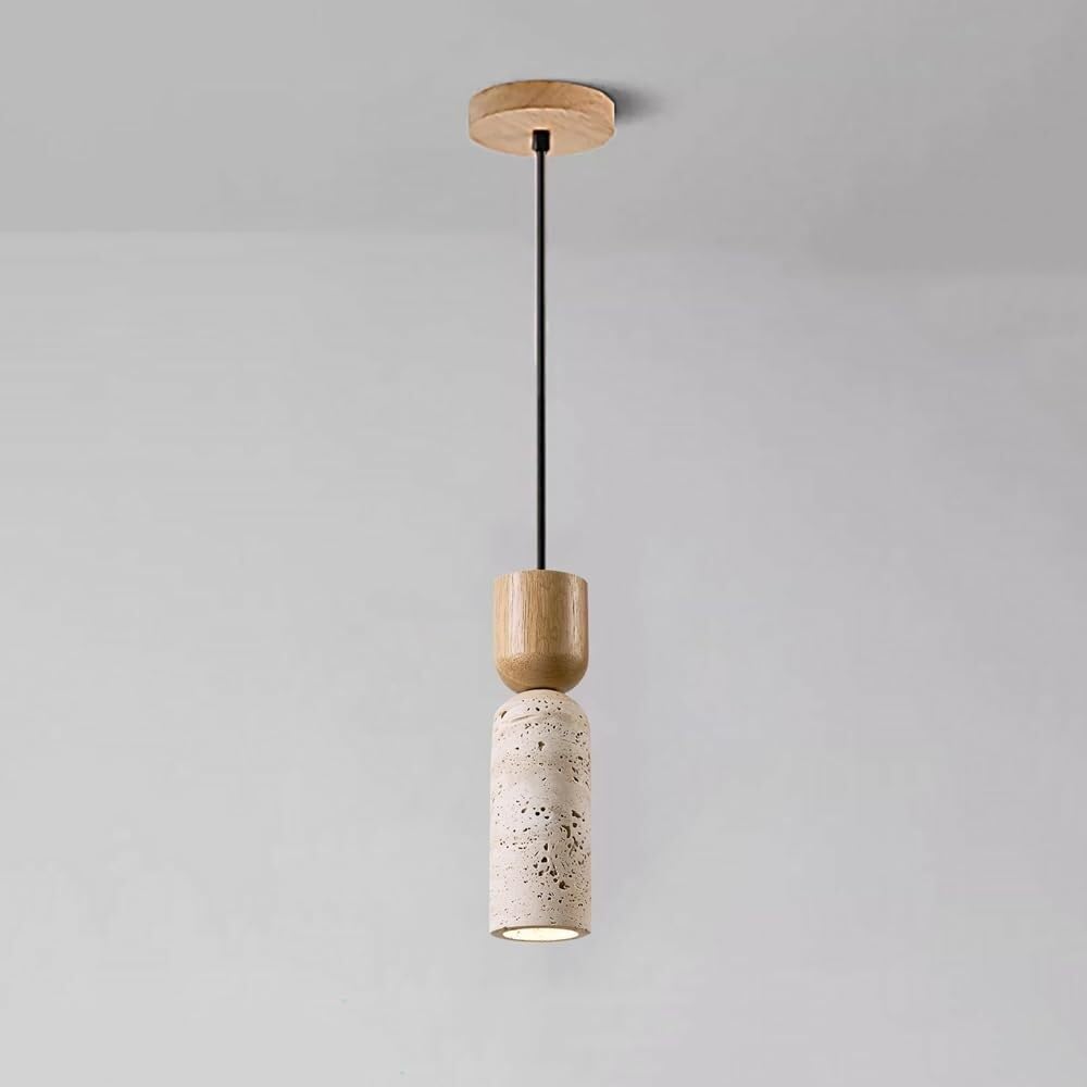 LYMSXAZOU Modern Travertine Pendant Light Minimalist Cylinder Stone Hanging Lamp with Wood Accent Indoor Adjustable Cord Decor Chandelier for Bedside Kitchen Island Dining Room