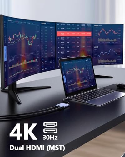Image of USB C to Dual HDMI Adapter 4K30hz, Type C to HDMI Splitter for 2 Monitors, 4 in 1 USB C Hub 2 HDTV, USB 3.0, 100W PD, Extended Display for MacBook Air /Pro Thunderbolt 4, Multiport Two Screen Dongle