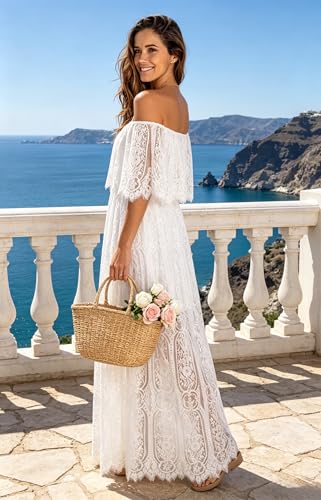 Image of Cercis Womens Off The Shoulder Floral Lace Maxi Wedding Dress Boho Flowy Wedding Guest Formal Long Dresses