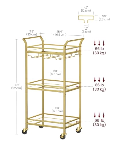 Image of VASAGLE Bar Cart, 3-Tier Shelf, Wine Holders, Glass Holders | Home Bar Serving Cart, 18.4 x 11.8 x 36.2 Inches, Small Spaces, Kitchen, Living Room, Gold, BARIS Collection ULRC091A62