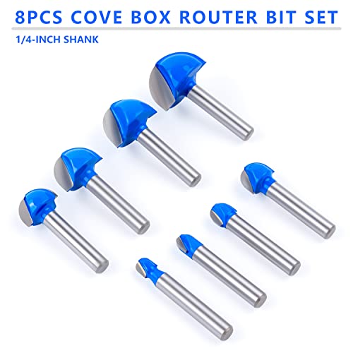 Cove Box Router Bit Set ,Newdeli 8Pcs 1/4 Inch Shank Round Nose Router Bit-1/4 5/16\" 3/8\" 1/2\" 5/8\" 3/4\" 7/8\" 1\" Cutting Diameter, Solid Carbide Double Flute Cove Box Round Nose Woodworking Tool