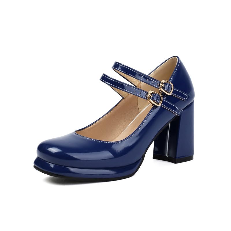 Women's Chunky Heels Platform Mary Janes Square Toe Pumps 3 Strap Patent Leather Block High Heel Dress Shoes