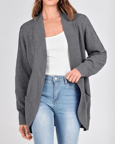 Image of KIRUNDO Cardigan Sweaters for Women 2024 Fall Open Front Long Sleeve Loose Lightweight Knit Sweater Coat with Pockets(Dark Grey, Small)