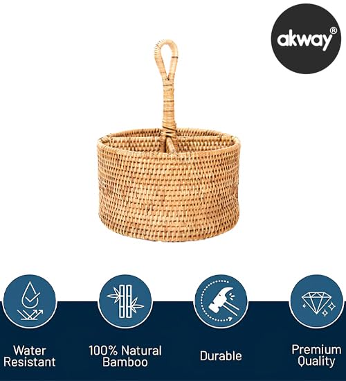 Image of AKWAY Bamboo Rattan Spoon Stand | Round Cutlery Holder | Kitchen Rack for Cafe & Resto-bar | Tableware Storage (6.5W x 6.5L x 5H Inches, Beige)