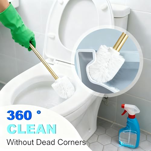 Image of Brushed Gold Toilet Brush and Holder Set, NEWRAIN Wall Mounted Toilet Bowl Brush with Long Handle, Stainless Steel Toilet Brushes for Bathroom-Space Saving