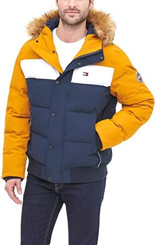 Tommy Hilfiger -Women's Quilted Arctic Cloth Snorkel Bomber Jacket with Removable Hood (Standard and Big & Tall), Yellow/Navy, Large