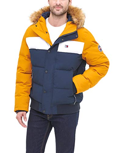 Tommy Hilfiger -Women's Quilted Arctic Cloth Snorkel Bomber Jacket With Removable Hood (Standard And Big & Tall), Yellow/Navy, Large #TOP2