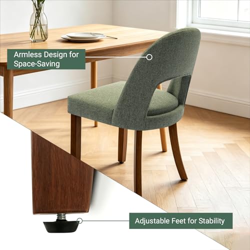 Wooden Dining Chairs Set of 4, Upholstered Kitchen Chairs with Walnut Wood Legs and Curved Linen Fabric Backrest, Modern Farmhouse Dining Room Chairs for Kitchen Dining Vanity, Green - Image 4