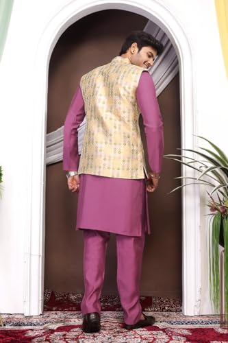 Men's Traditional Kurta Pajama with Sleeveless Printed Nehru Jacket Indian Ethnic Outfit for Wedding Festival 83