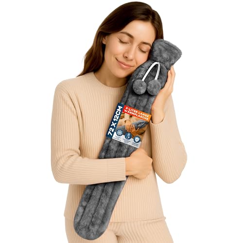 2-Liter Lange Wärmflasche – Grau Wärmflasche mit Bezug, Plüsch-Wärmekissen für Regelbeschwerden, Nacken- und Schulterschmerzen, für Kinder,...