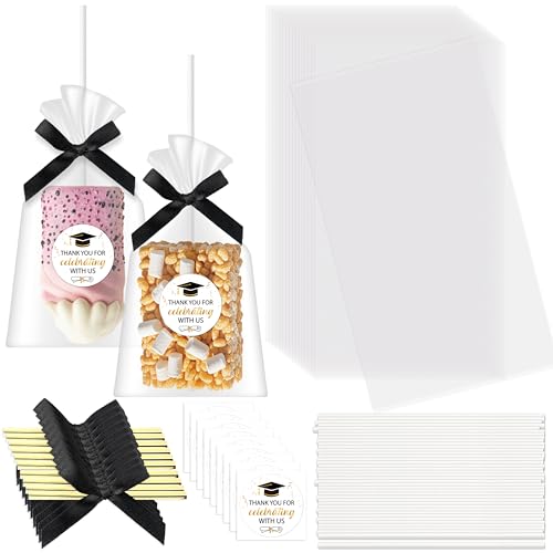 H1vojoxo Clear Rice Treat Bags - 100 Sets Graduation Clear Rice Krispie Treat Bags Kit with Ribbon Bow Thank You Stickers White Popcorn Sticks Flat Cellophane Candy Bag for Graduation Party Favors