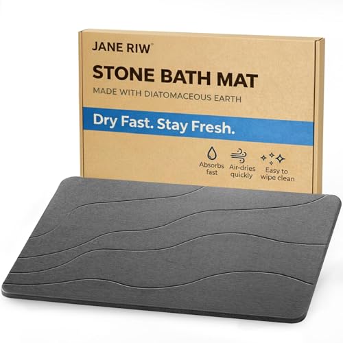 JANERIW Stone Bath Mat Quick-Dry Diatomaceous Earth Shower Mat Absorbent Bathroom Mat for Shower/Tub Exit New Apartment Essential & Housewarming Gift 23.5 x 15.5 Dark Gray Wave