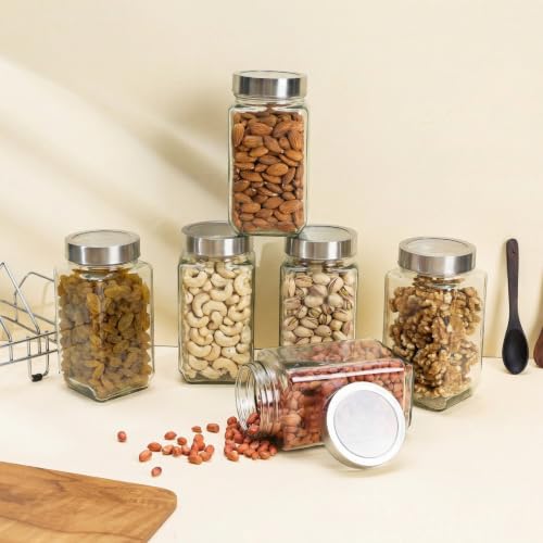 Image of Glass Jars 1000ml - Set of 6 Glass Storage Containers with Stainless Steel Airtight Lids for Kitchen, Dry Fruits, Pickles, Spices | Glass Containers for Kitchen | Glass Jars for Kitchen 1kg (6)