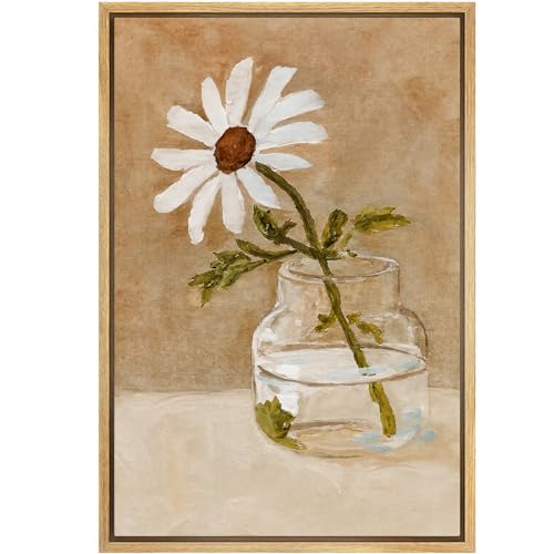 SIGNFORD Framed Canvas Print Wall Art Single Daisy in Glass Jar Minimalist Botanical Still Life Illustrations Modern Art Decorative Boho Relax/Zen for Living Room, Bedroom, Office - 16x24 Natural