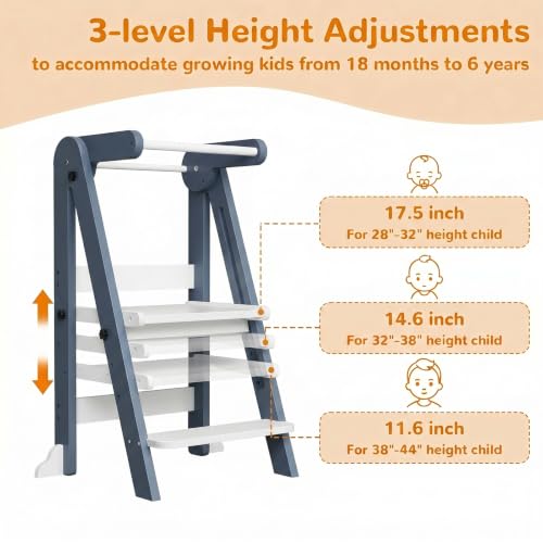 Image of ROOMTEC Foldable Toddler Kitchen Tower, 3 Adjustable Height Wooden Step Stool, Toddler Standing Tower with Safety Net (Blue)