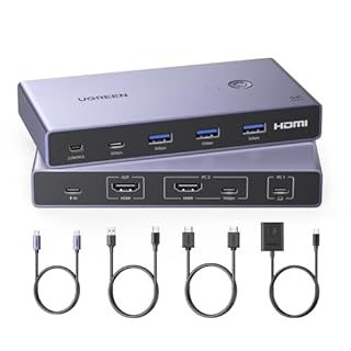 UGREEN USB-C+HDMI KVM Switch 1 Monitor 2 Computers with 4 USB 3.0 Ports 4K@60Hz Aluminum for 1 Laptop & 1 Desktop Share One Monitor Keyboard Mouse Printer with 1 HDMI Cable+2 Type-C Cables