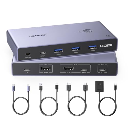 UGREEN USB-C+HDMI KVM Switch 1 Monitor 2 Computers with 4 USB 3.0 Ports 4K@60Hz Aluminum for...