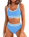 BMJL Women's High Waisted Bikini Sets Sporty Two Piece Swimsuit Color Block Cheeky High Cut Bathing Suits(XL,Light Blue)