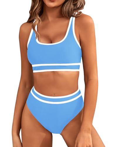 Image of BMJL Women's High Waisted Bikini Sets Sporty Two Piece Swimsuits Color Block Tummy Control Modest Bathing Suit