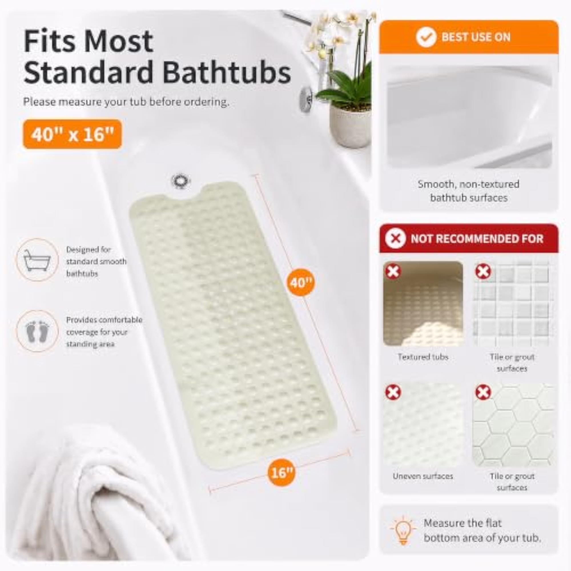 Non-Slip Extra Long Bath Mat, Beige for Tub