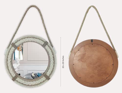 Explore India Crafts Nautical Coastal Round Mirror for Over Sink, Decorative Hand Knitted Ponytail Framed Rope Wall for Hanging in Bathroom, Bed Light and Brown 1001 ChotiJute - Image 2