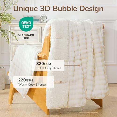 Image of Cottonblue Bubble Fleece Weighted Blanket 15lbs for Adults Queen Size Bed, Cozy Fuzzy Sherpa Flannel Weighted Blankets, Cute Warm Sofa Heavy Blanket for Calming & Sleeping, 60 inchx80 inch, Cream White