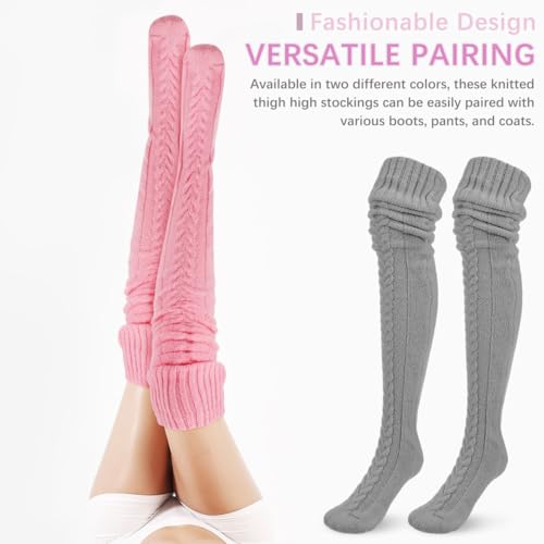 2 Pairs Thigh High Socks Cable Knitted Thigh High Boot Socks Over Knee Leg Warmers Fluffy Winter Stockings for Women Pink+Grey, One Size3