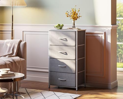 Image of AODK Dresser for Bedroom with 4 Storage Drawers, Small Dressers Chest of Drawers Fabric Dresser with Sturdy Steel Frame, Dressers for Closet with Wood Top, Light Grey
