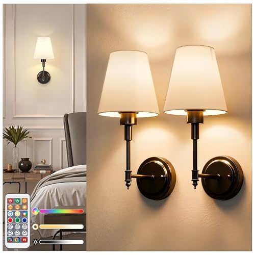 Image of DORESshop Battery Operated Wall Sconce Set of 2, Wall Light Wireless Easy to Install, Dimmable and Adjustable Sconces Wall Decor, Rechargeable Wall Lamp for Bedroom, Living Room, Black 14.8in
