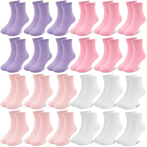 ZERULETS 24 Paar Kinder Socken Mädchen Sneakersocken Kindersocken Schulkind Socken Mädchen Sportscoken Weiß Rosa Lila Gelb für 1-13 Jahre(7-10 Jahre, Rosa Lila Weiß)
