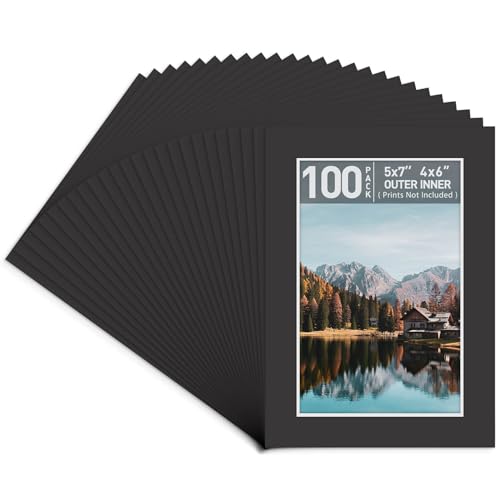 Golden State Art, 100 Pack 5x7 Black Picture Mats Mattes for 4x6 Photos