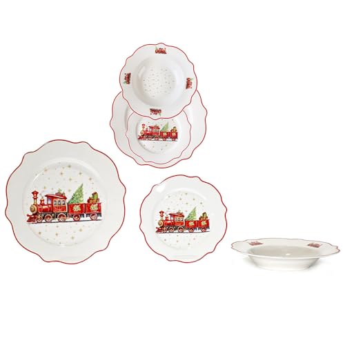 Servizio di Piatti natalizio per 6 Persone 18 pezzi in porcellana bordi smerlati decorazioni di natale treno con locomotiva rosso per una tavola particolare ed elegante idea regalo