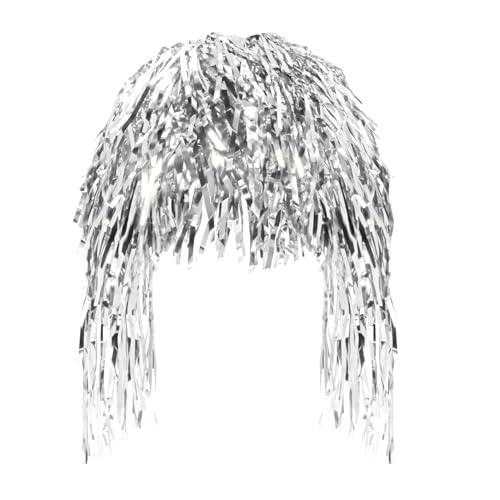 PENTA ANGEL Foil Tinsel Wig 80s Retro Metallic Shiny Long Fancy Dress Party Costume Wigs Photo Booth Props Wig for Women Men Halloween Disco Party Cosplay (Silver)