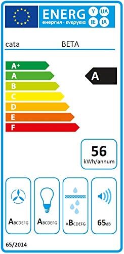 Energy label for CATA BETA hood, showing energy efficiency class A, annual energy consumption 56 kWh/annum, and noise level 65 dB.