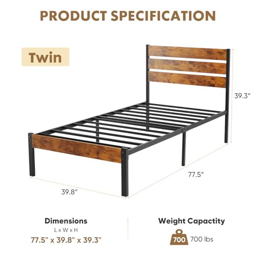 Image of NEWBULIG Twin Size Bed Frame with Headboard, 800LBS Mattress Foundation with All Sturdy Metal Support, Under Bed Storage, No Box Spring Needed, Easy Assembly, ClassicRust Brown