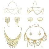 LOFITOR 10 Pcs Belly Dance Jewelry Set for Women Gold Plated Belly Dancer Costume Outfit Sequins Head Chains Boho Coin Bell Veil Necklace Earrings Bracelets Anklet Ring Indian Dance Play Accessories Cosplay C