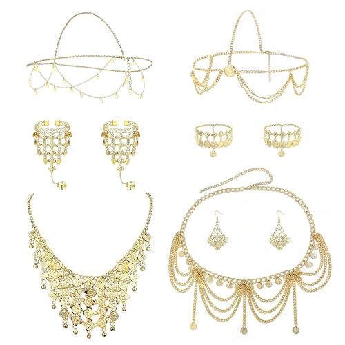 LOFITOR 10 Pcs Belly Dance Jewelry Set for Women Gold