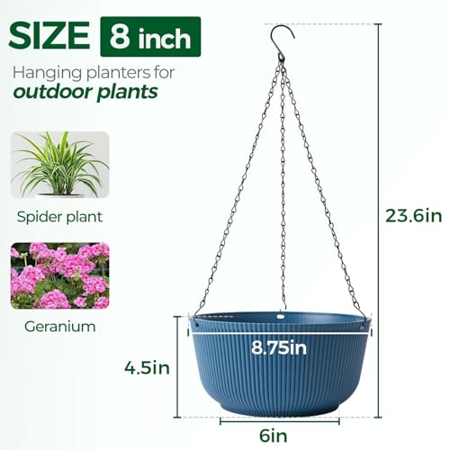 T4U 8 Inch Hanging Planters for Indoor Outdoor Plants, Self Watering Hanging Pot Pack of 2, Hanging Pots with Drainage Hole & Plug & Chain with 3 Hooks for Garden Home Decor, Blue by T4U - Image 2
