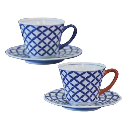 [有田伝統の技法での器づくり]染付七宝紋面取 コーヒーカップ&ソーサ セット(青・赤)