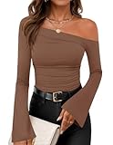 ZESICA Women's Off Shoulder Tops Bell Long Sleeve Shirts 2026 Fall Trendy Going Out Ruched Tight Fitted Y2K Clothes,Brown,Medium