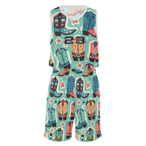 FLildon Cute Boots Cowboy Boys Basketball Jersey Set Tank Top Shorts Tracksuit Sport Training Suit for Kids, M