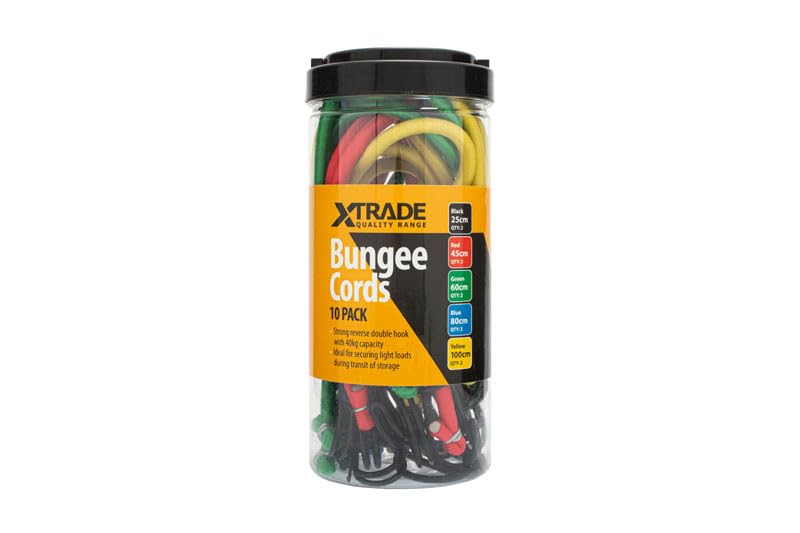 XTrade Bungee Cords Assorted 10 Pack 25cm 45cm 60cm 80cm 100cm Strong Reverse Double Hook 40KG Capacity For Securing Light Loads X0500005