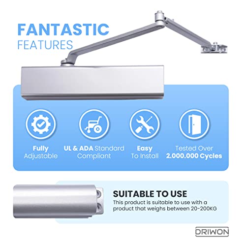 Heavy Duty Commercial Door Closer Driwon Dn-8220 Adjustable 1-6, Grade 1, 3-Hour Fire Rated For Metal & Interior Wood Doors, Automatic Overhead Self Closing Style For High Traffic… #TOP1